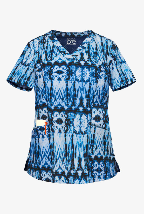 Barco One Natural Indigo VNeck Print Scrub Top, Print Scrubs
