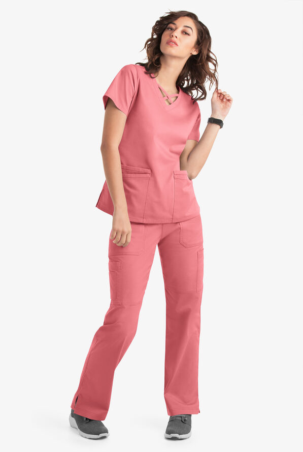 Blusa m&eacute;dica UA Butter-Soft STRETCH con lazos entrecruzados y 4 bolsillos para mujer - Guava Fizz - 6