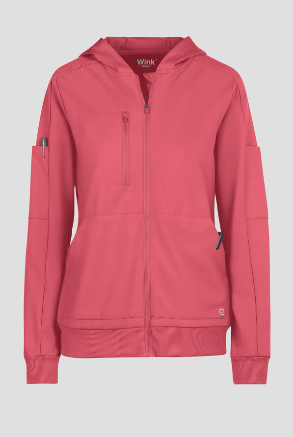 Wink Renew Knit Women's 4-Pocket STRETCH Front Zip Scrub Hoodie Jacket - Ruby - 1
