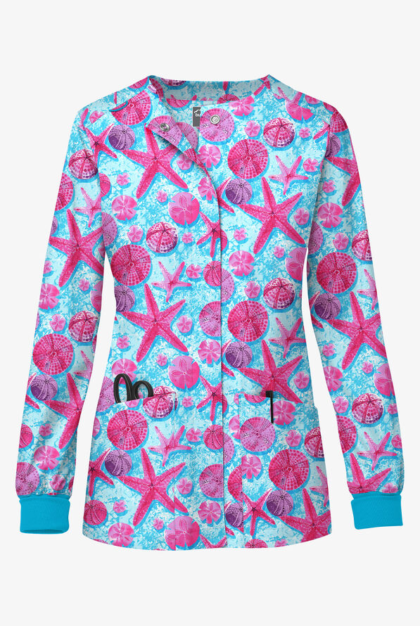 Butter-Soft STRETCH Crystal Reef Fuchsia Women's 3-Pocket Hidden Snap Front Print Scrub Jacket - null - 1