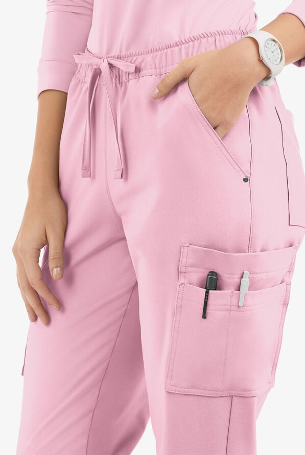 Easy STRETCH Halle Women's 11-Pocket Ruched Leg Jogger Scrub Pants - Pink Peony - 3