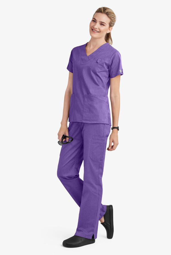 Butter-Soft STRETCH Women's 6-Pocket V-Neck Scrub Top - Sparkling Grape Heather - 5