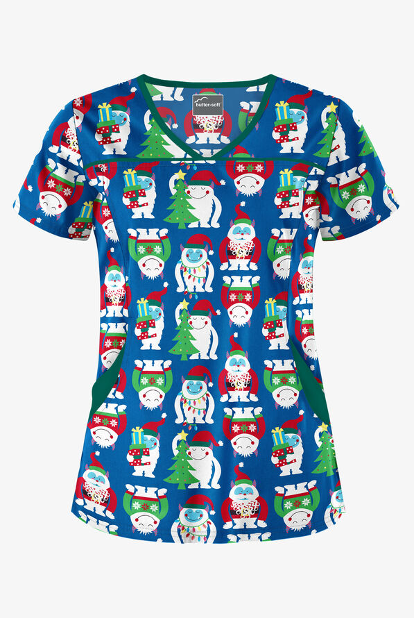 Butter-Soft Happy Monsters Royal Women's 4-Pocket Princess Seam Print Scrub Top - null - 1