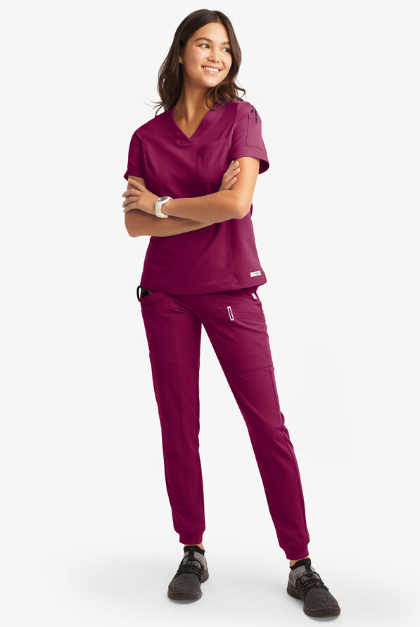 Butter-Soft Women's 3-Pocket V-Neck Tuck-In Scrub Top **Slightly IRREGULAR** - Wine - 2