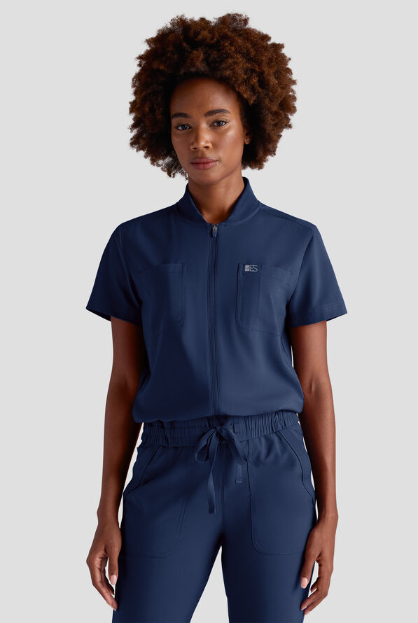 Easy STRETCH Nika Women's Zip Front Short Sleeve Jacket - Navy - 1
