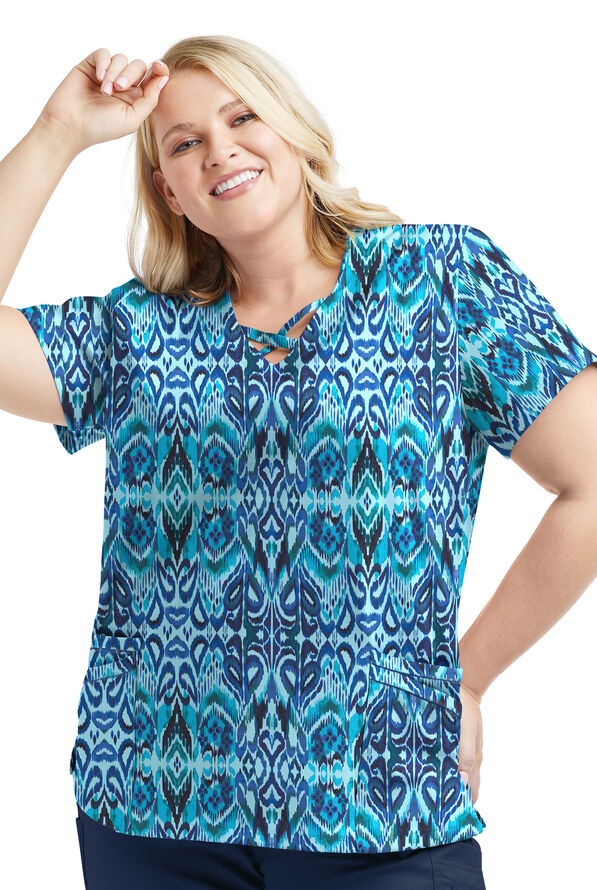 Strictly Scrubs STRETCH Romanian Ikat Dew Drop Women's 4-Pocket Criss Cross Print Scrub Top - null - 1