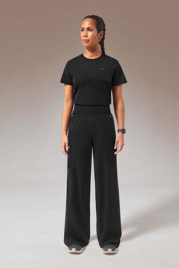Hypothesis Y-Band Women's 6-Pocket Yoga-Style Knit Waist Wide Leg Scrub Pant - Petite - Jet Black - 7