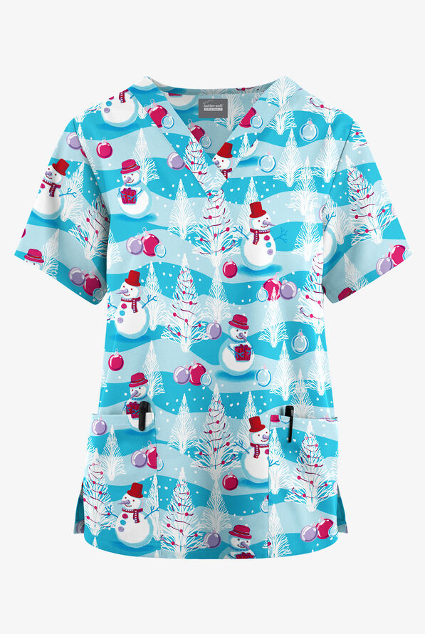 Blusa médica estampada Butter-Soft Originals Frosty Holiday Turquoise con cuello en V y 2 bolsillos para mujer - null - 1