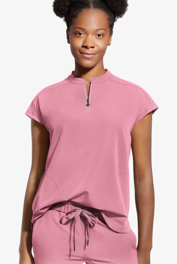Healing Hands 360 Sandy Women's 2-Pocket STRETCH Dolman Sleeve Zip Mandarin Collar Scrub Top - Precious Pink - 2