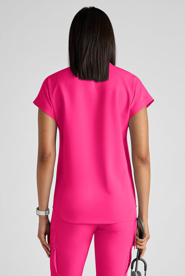 ReSurge Rhine Women's 5-Pocket Oversized Half Zip Stand Collar Scrub Top - Reactive Pink - 3