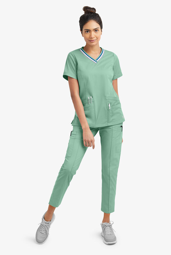 Butter-Soft STRETCH Women's 5-Pocket Short Sleeve V-Neck with Sport Trim Detail Scrub Top - Water Mint - 2