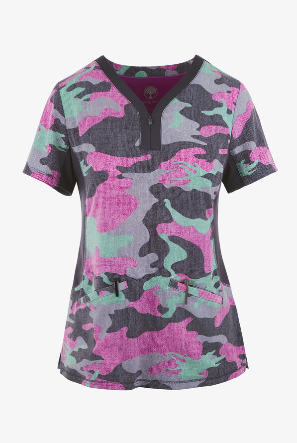 Healing Hands Camouflage Women's 2-Pocket STRETCH Zip Y-Neck Print Scrub Top - null - 1