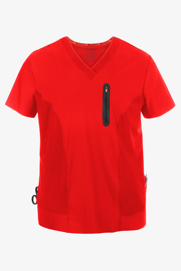 Infinity GNR8 Kinetic Knit Men's 3-Pocket STRETCH Zip Chest Pocket Crossover V-Neck Scrub Top - Firebird - 1