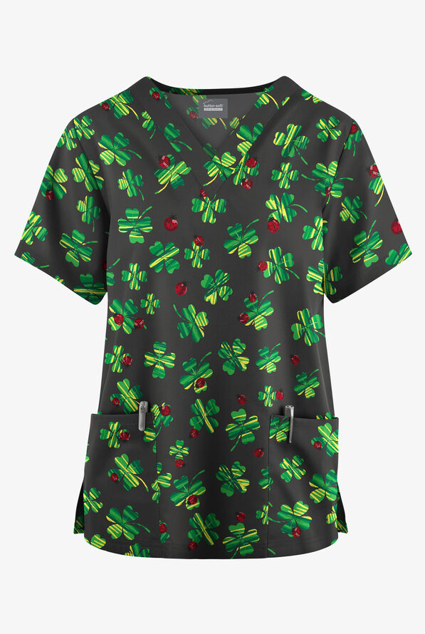 Butter-Soft Originals Lady Luck Pewter Women's 2-Pocket V-Neck Print Scrub Top - null - 1