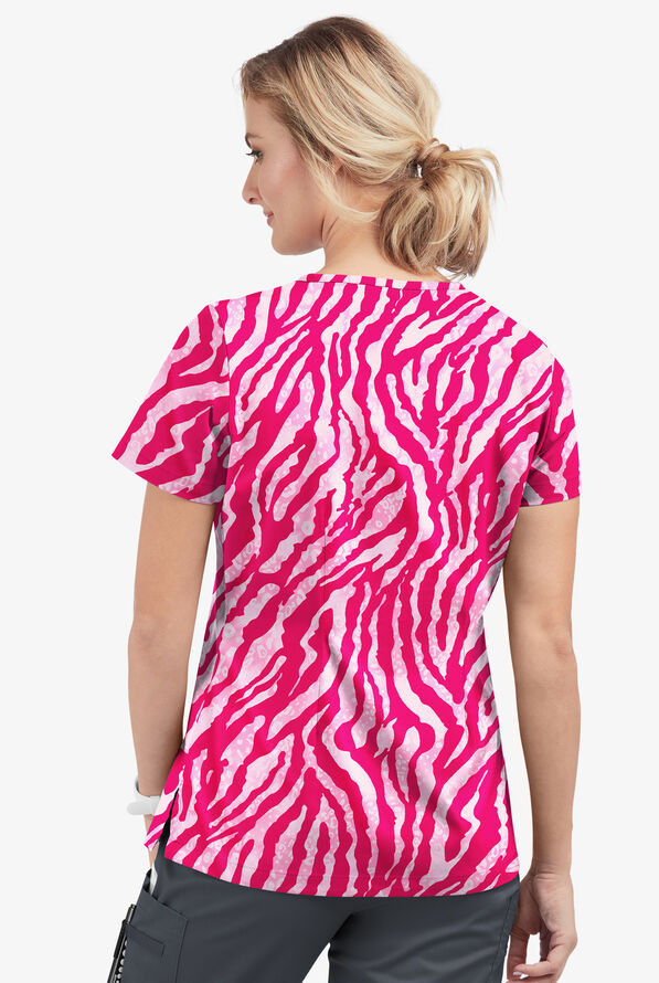 Butter-Soft STRETCH Tiger Fantasy Fuchsia Women's 1-Pocket Tuck-In V-Neck Print Scrub Top - null - 3
