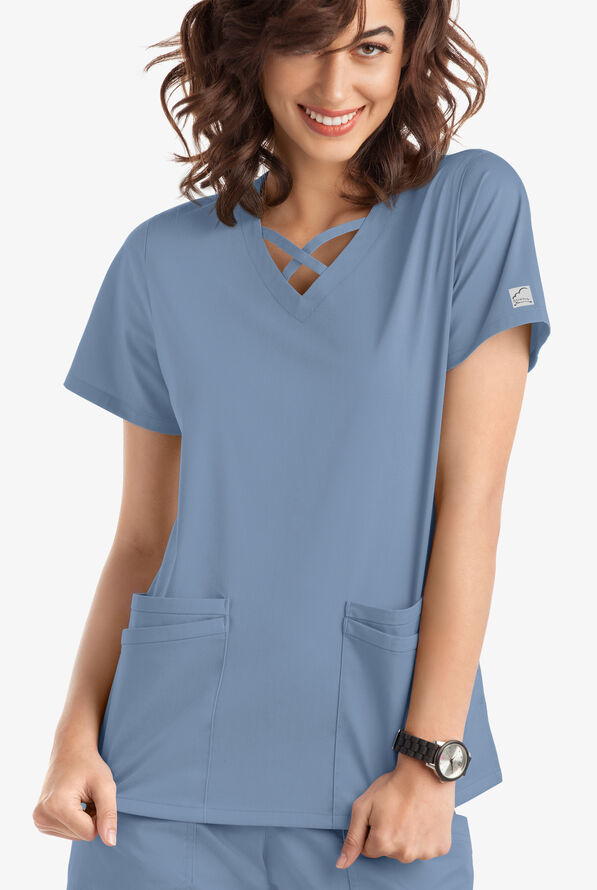 Butter-Soft STRETCH Women's 4-Pocket Crisscross Scrub Top - Indigo Batik - 2