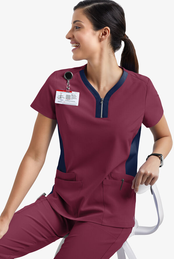 Easy STRETCH Lily Women's 4-Pocket Zip Neck Henley Scrub Top - Wine/Navy - 3