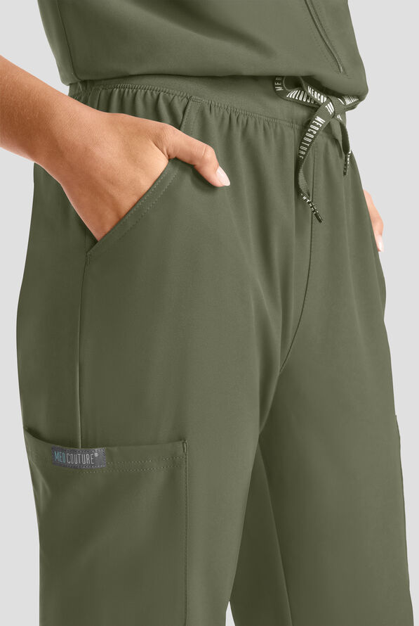 Med Couture Insight Women's 4-Pocket Zip Front Drawstring Waist Scrub Jumpsuit - Olive - 2