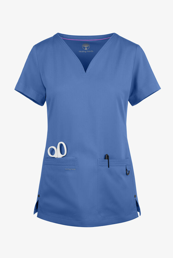Healing Hands Purple Label Jean Women's 3-Pocket STRETCH Jewel Neck Scrub Top - Ceil Blue - 1