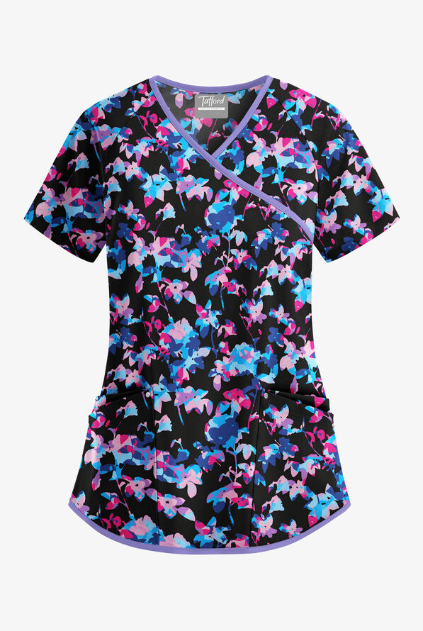 Tafford Active Morning Garden Onyx Women's 4-Pocket Raglan Print Scrub Top - null - 1