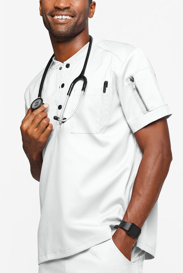 Advantage STRETCH Men's 2-Pocket Short Sleeve Henley Scrub Top - White - 2