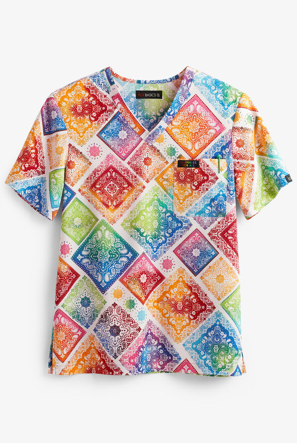 koi Basics Colorful Pride Patch Unisex 1-Pocket STRETCH V-Neck Print Scrub Top - null - 1