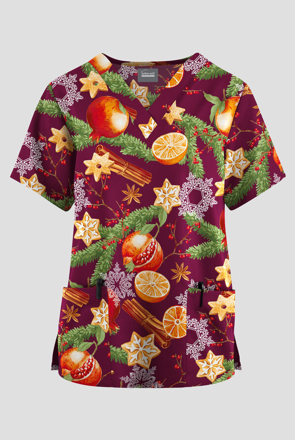 Blusa médica estampada Butter-soft Originals Christmas Spice Wine con cuello en V y 2 bolsillos para mujer - null - 1