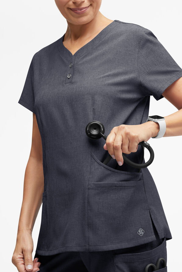 Easy STRETCH Demi Women's 4-Pocket Henley Scrub Top - Charcoal Heather - 2