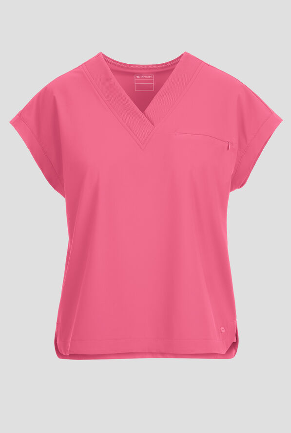 Blusa m&eacute;dica Infinity Pursuit STRETCH con cuello en V de punto acanalado y 1 bolsillo para mujer - Tropical Pink - 1