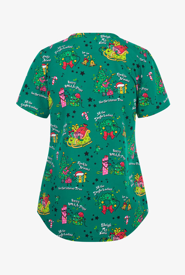 Cherokee Sleigh My Name Women's 2-Pocket STRETCH V-Neck Print Scrub Top - null - 2