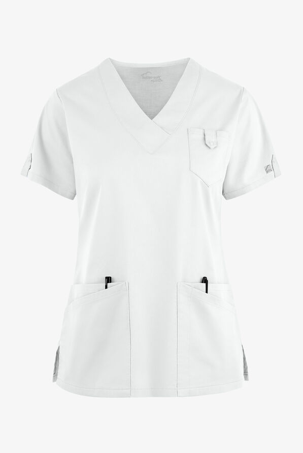 Butter-Soft STRETCH Women's 6-Pocket V-Neck Scrub Top - White - 1