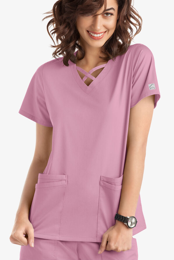 Blusa m&eacute;dica UA Butter-Soft STRETCH con lazos entrecruzados y 4 bolsillos para mujer - Cherry Blossom - 2