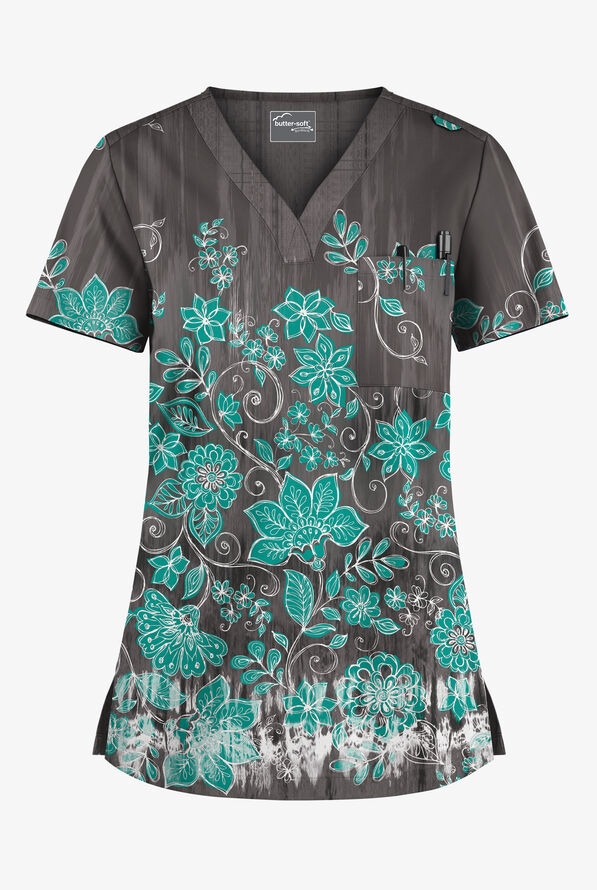 Blusa médica estampada Butter-Soft STRETCH Wildflower Border Pewter con cuello en V y 1 bolsillo para mujer - null - 1