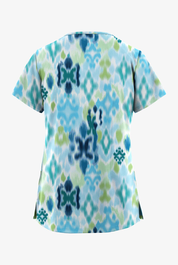 Butter-Soft STRETCH Varna Ikat Turquoise Women's 3-Pocket V-Neck Mock Wrap Print Scrub Top - null - 2