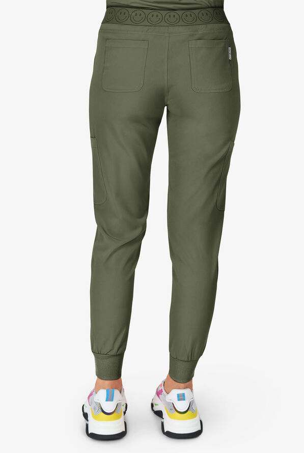 Zavate Ava Therese Women's 6-Pocket STRETCH Smile Face Elastic Waistband Cargo Jogger Scrub Pants - Petite - Olive - 3