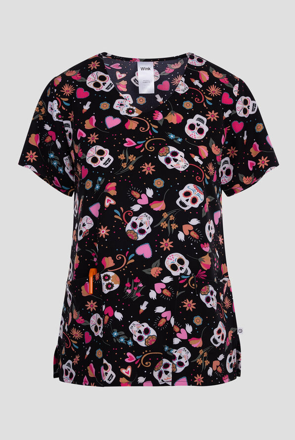 Wink Sugar Skull Fiesta Women's 2-Pocket STRETCH V-Neck Print Scrub Top - null - 1