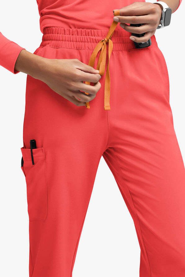 Easy STRETCH Naya Women’s Natural Waist 6-Pocket Straight Leg Scrub Pants - Petite - Radiant Red/Apricot Crush - 3