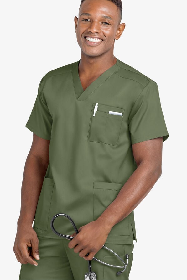 Blusa m&eacute;dica unisex UA Flex2 STRETCH con cuello en V y 4 bolsillos - Light Olive - 4