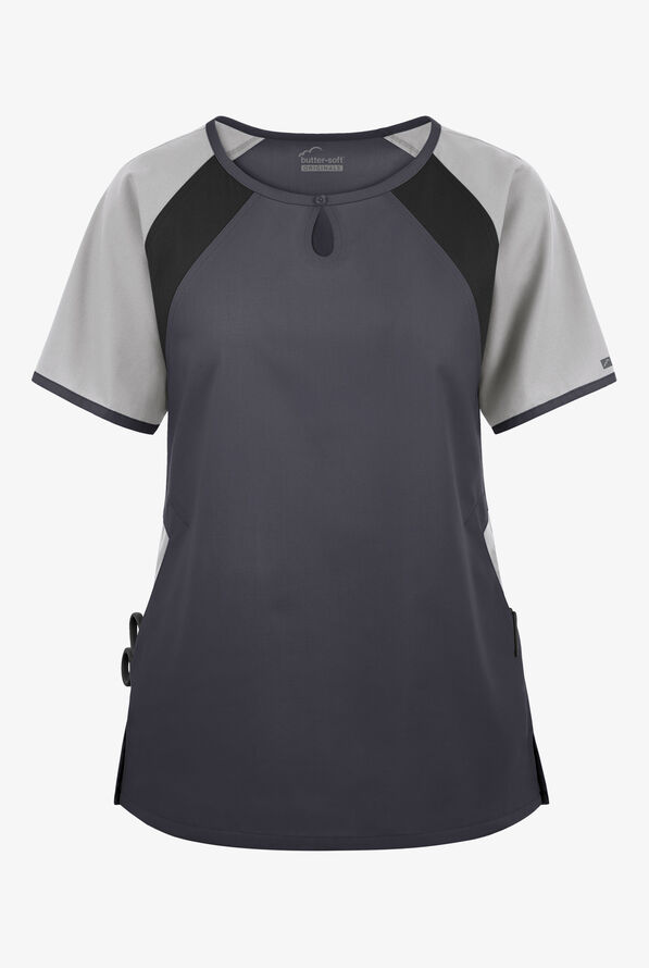 Blusa médica Butter-Soft Originals Tri-Colorblock con cuello ojo de cerradura y 3 bolsillos para mujer - Pewter/Silver/Black - 1