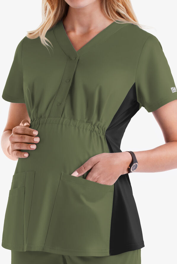 Butter-Soft STRETCH Women's 3-Pocket Knit Panel Maternity Scrub Top - Light Olive/Black - 4