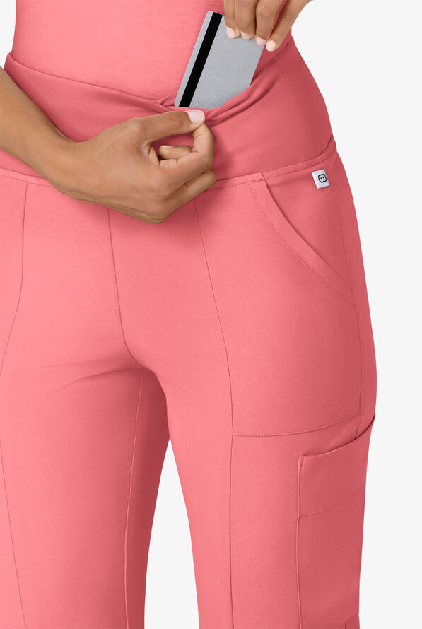 Wink Renew Women's 7-Pocket STRETCH Yoga Waist Flare Notch Leg Cargo Scrub Pants - Paradise Pink - 2