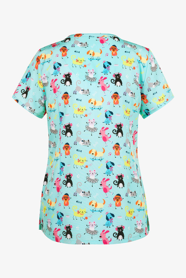 Maevn Playful Friends Women's 3-Pocket STRETCH V-Neck Print Scrub Top - null - 2