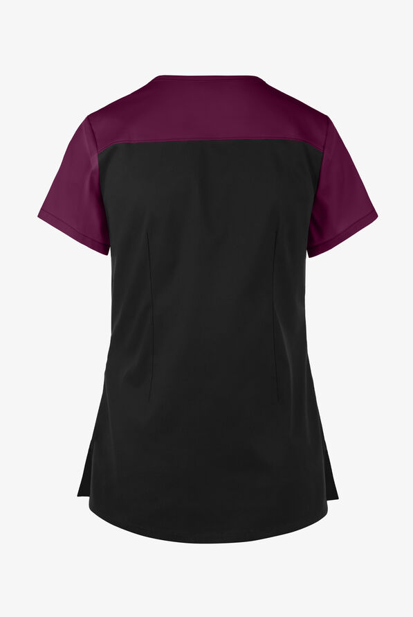 Butter-Soft STRETCH Women's 5-Pocket Asymmetric Scrub Top - Black/Wine - 3