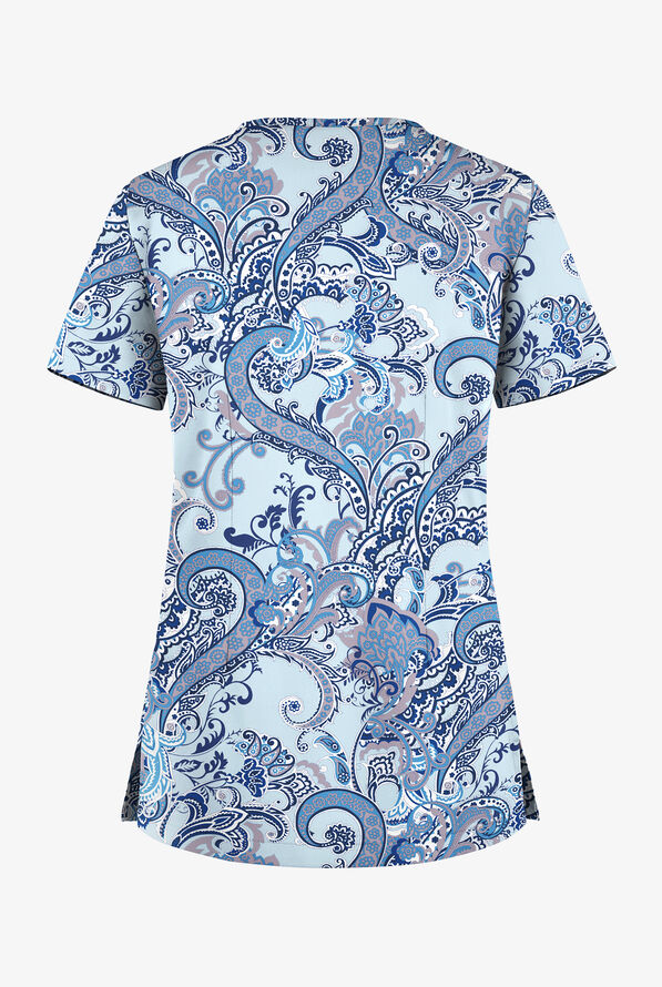 Butter-Soft STRETCH French Twist Ice Blue Women's 1-Pocket Tuck-In V-Neck Print Scrub Top - null - 2