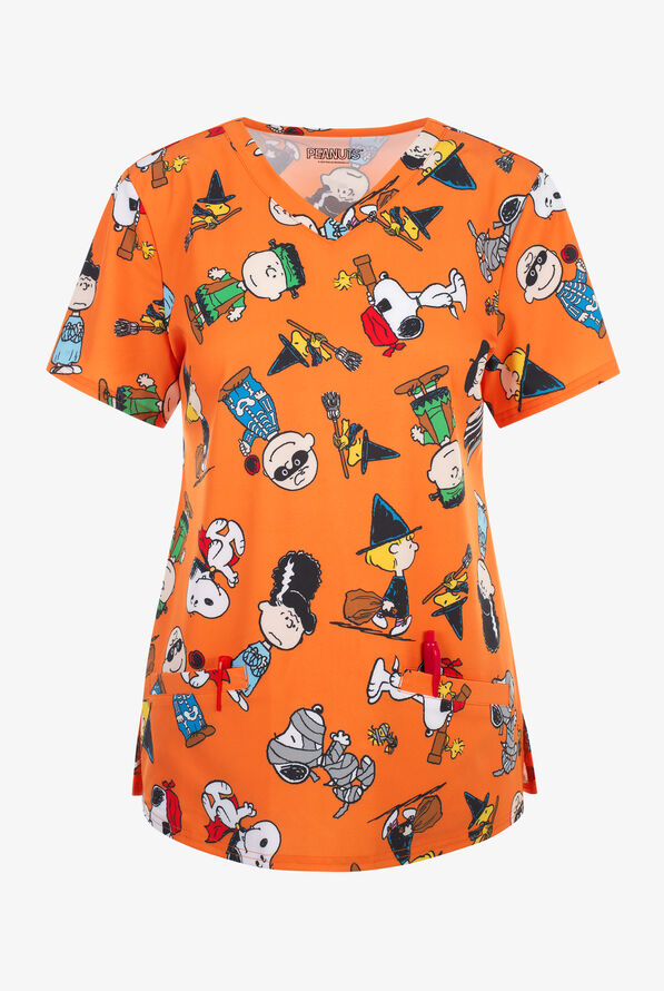 Blusa médica estampada FUNSCRUBS Peanuts Halloween STRETCH con cuello en V y 2 bolsillos para mujer - null - 1