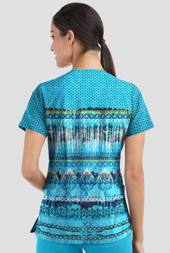 Tafford Active STRETCH Woodblock Paisley Turquoise Women's 2-Pocket V-Neck Print Scrub Top - null - 2