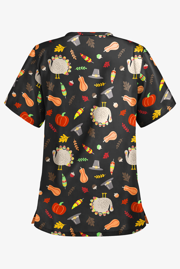 Butter-Soft Thanksgiving Walk Women's 2-Pocket Relaxed Fit V-Neck Print Scrub Top - null - 2