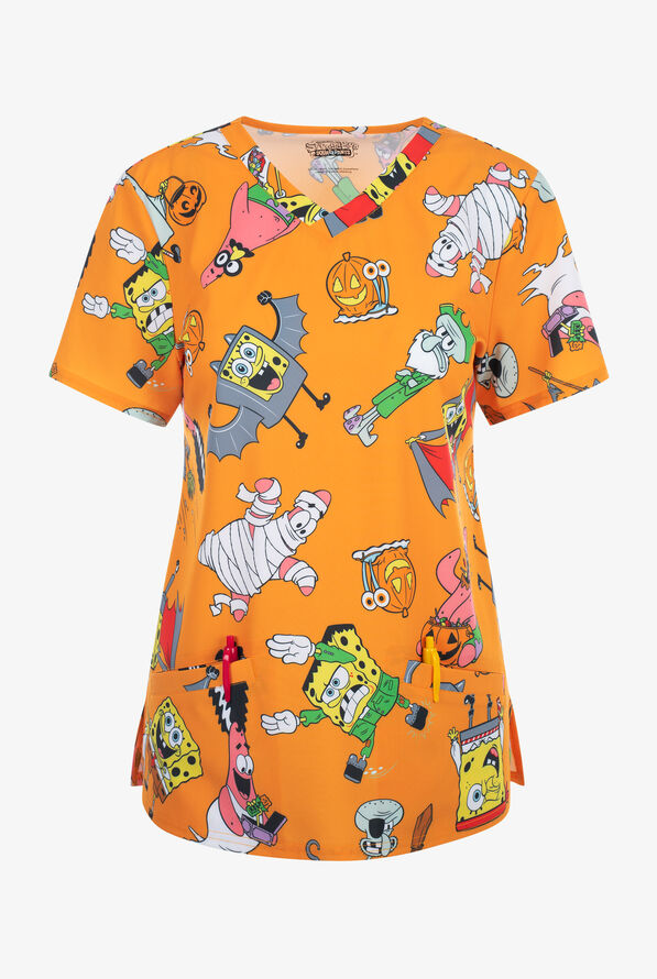 Sponge Bob Halloween by Funscrubs Women's 2-Pocket STRETCH V-Neck Print Scrub Top - null - 1