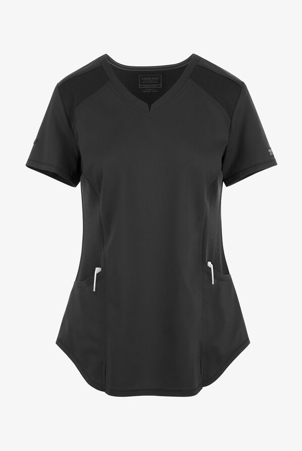 UA Exclusive Cherokee Workwear Revolution Women's 2-Pocket STRETCH Mesh Trim V-Neck Scrub Top - Black - 1