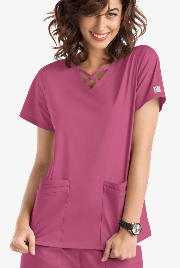 Butter-Soft STRETCH Women's 4-Pocket Crisscross Scrub Top - Berry Haze - 2